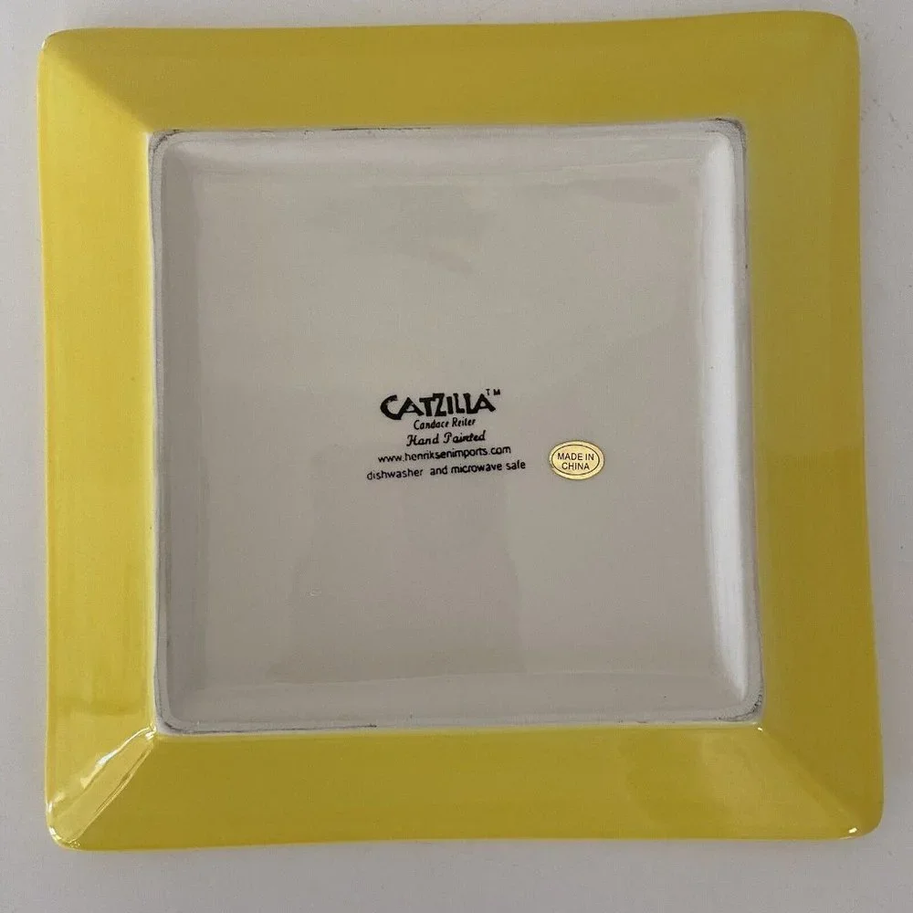 Catzilla ceramic square serving dish Easter bunny eggs yellow hand‎ painted 8